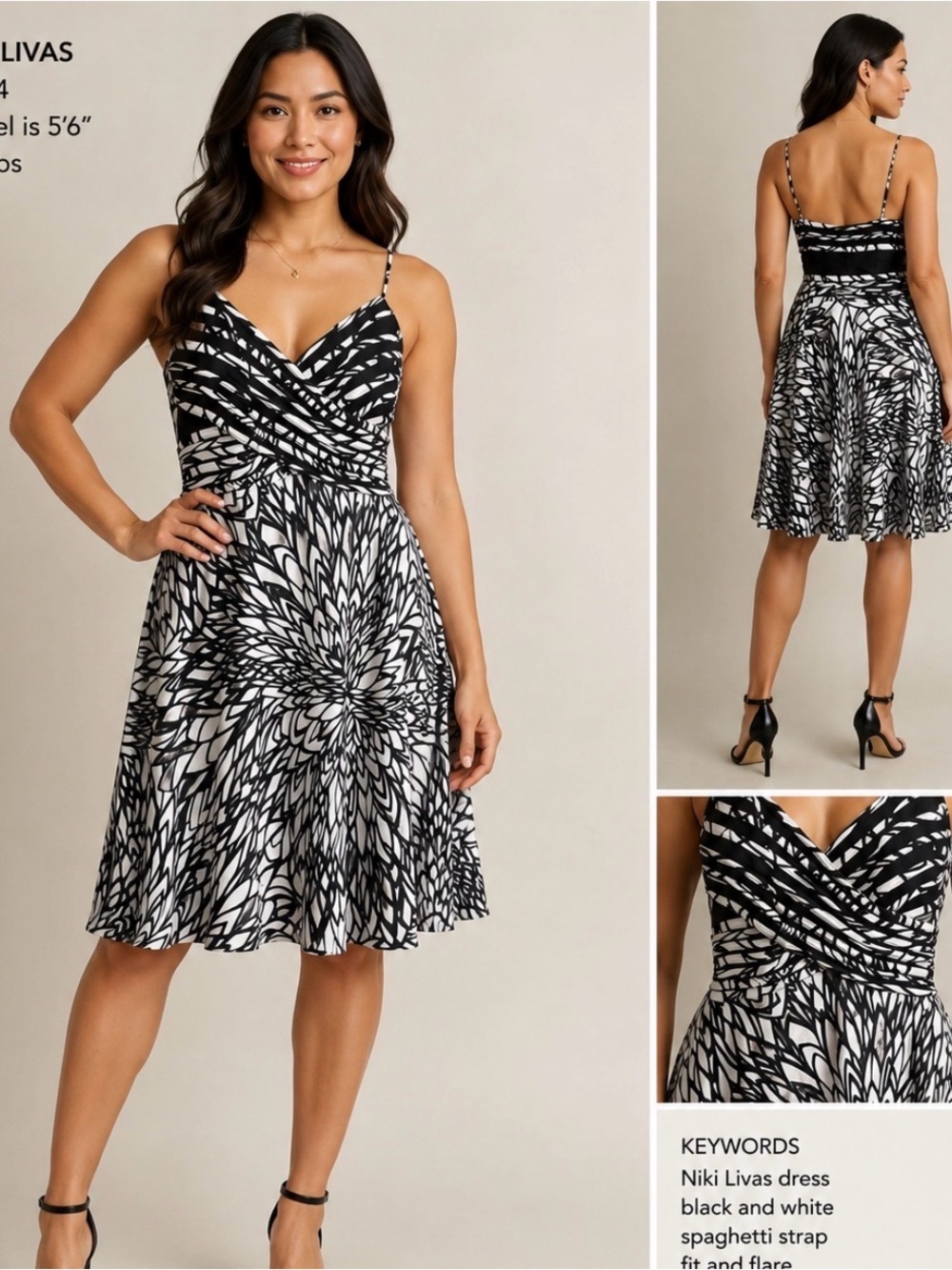 Niki Livas Size 4 Small Abstract Floral Black White Dress Fit Flare Cocktail